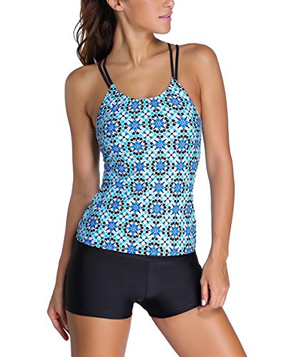 NuoReel Women's Two Piece Adjustable Sporty Racerback Tankini Swimsuit Set (US 6-8=Tag Size M, Bue3)