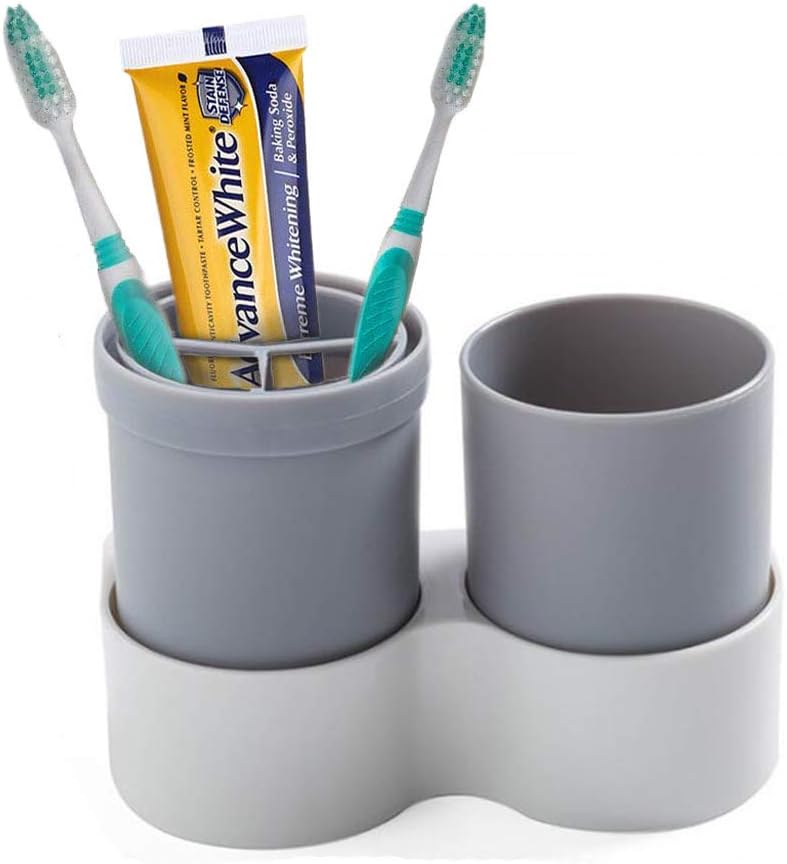 Wall-Mounted Toothbrush Holder WEKITY Portable Multi-Function Portable Toothbrush Cup Set for Home, Also for Outdoor Travel, Waterproof Strong Traceless Sticker - No Drill or Nail Needed (Grey)