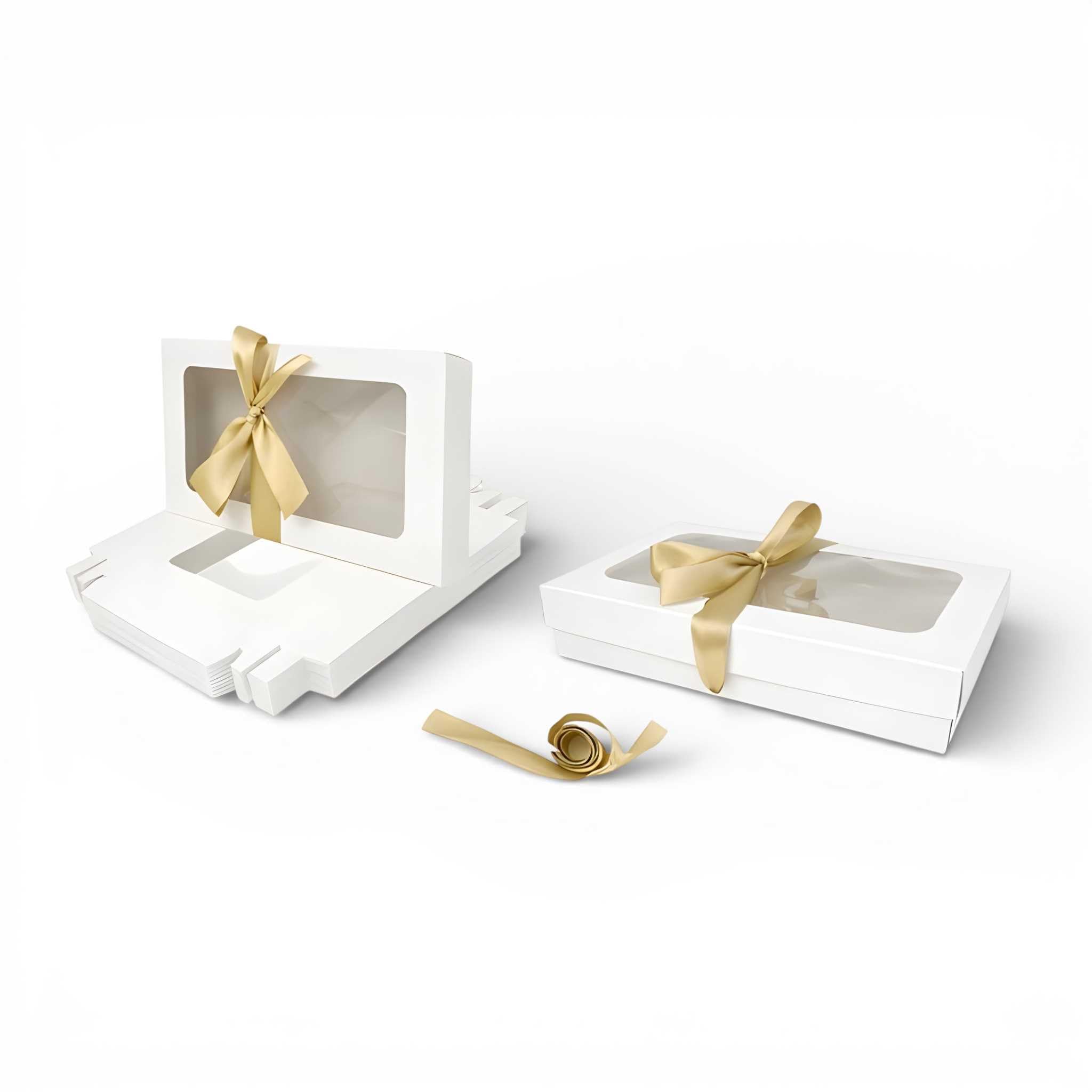 Emartbuy Gift Box with Clear Window – White Box + Gold Satin Ribbon – Pack of 12 – Size 1 (21 x 12.5 x 2.5 cm) – Ideal for Hampers, Bakery, Events & Small Business
