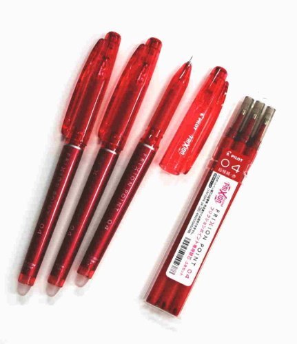 Pilot Frixion Point Erasable Gel Pens, Extra Fine Point,-0.4mm-red Ink-value set of 3 & 3 Gel Ink Pen Refill Pack
