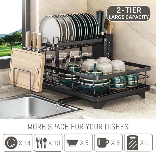 Azonee 2-Tier Dish Drying Rack for Kitchen Counter | Large Capacity Stainless Steel Dish Rack with Drainboard – Detachable Cutlery Holder, Rotatable Drainage | Black Kitchen Organizer for Plates,Bowls