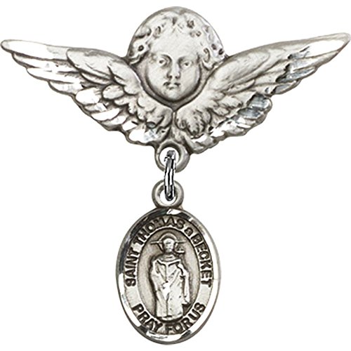 Sterling Silver Baby Badge with St. Thomas A Becket Charm and Angel with Wings Badge Pin