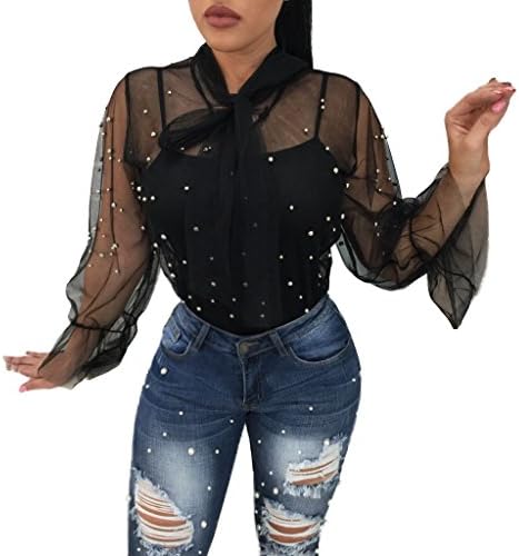 Jihe Women's Sexy Mesh See Through Bow Tie Ruffle Puff Long Sleeve Blouse Casual Tops Clubwear Shirt