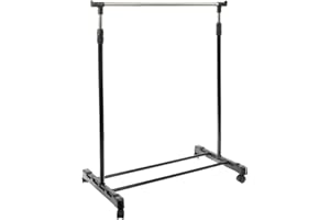 Hobby Lobby Adjustable Clothing Rack, Black/Silver Metal Frame, 36-62.25 inch H, 30 inch W, Rolling, Garment