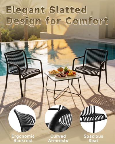 HariNorgen 3 Piece Patio Bistro Set Indoor Conversation Set Outdoor Garden Balcony 2 Large Black Plastic Armchairs & Square Glass Top Coffee Side Table,Black