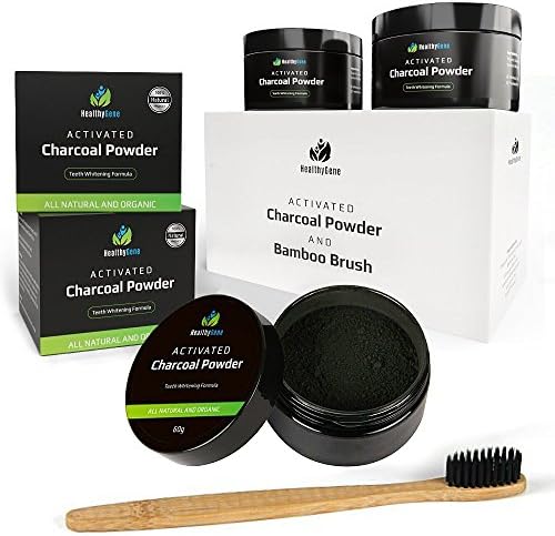Natural Charcoal Teeth Whitening Powder | 2 Packs of 60g | 100% Natural &amp; Organic Activated Charcoal | Teeth &amp; Gum Anti-Bacterial Remineralizing Solution | Free Bamboo Toothbrush | HealthyGene