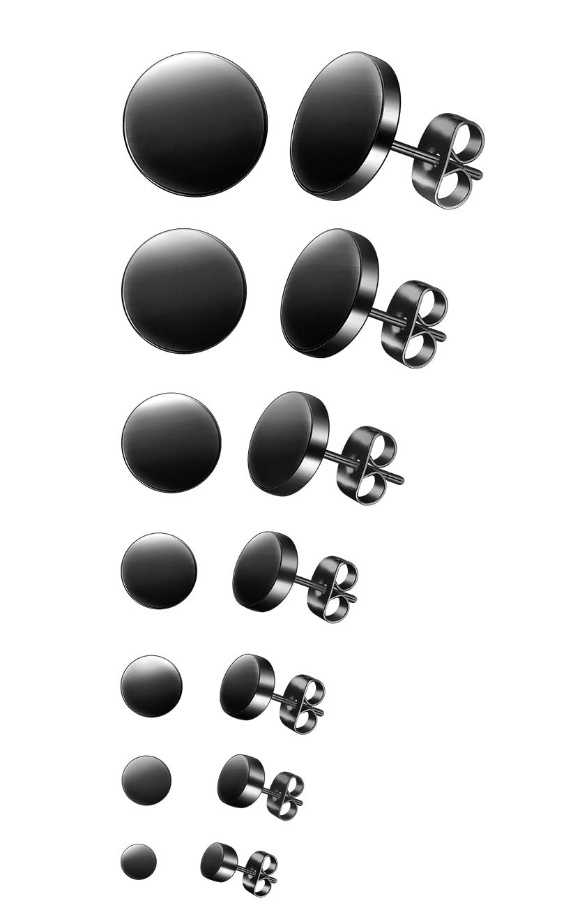 7 Pairs 3-12mm Round Earrings Set - Black/Silver/Gold/Rose Gold Options