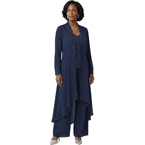 Women's 3 Piece Mother of Bride Pantsuit Lace Applique Chiffon Set Gown Z03 | Elegant lace applique collar and cuffs; Flowy o
