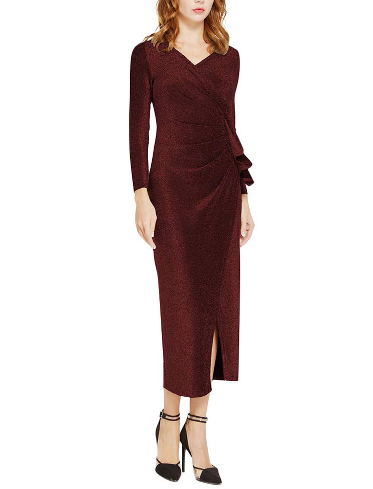 Aiyou Women\'s Long Sleeve Wrap Dresses - Sexy Glitter Ruched V Neck High Slit Maxi Dress Small Wine Red