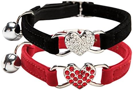 CHUKCHI Cat collar with bell bling-Cat Adjustable Collar with Crystal Heart Charm and Bells 8-11 Inches(Black+Red)