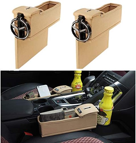 Dyshuai Premium PU Leather Side Pocket Organizer Car Seat Filler Gap Space Storage Box Bottle Cup Holder Coin Collector Car Interior Accessories 1 Driver and 1 Passenger 2PCS (Off White)