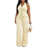 acelyn Women's Vest Sets Summer 2 Piece Outfits Halter Button Sleeveless Blazer Wide Leg Pant Suits Casual Matching Set