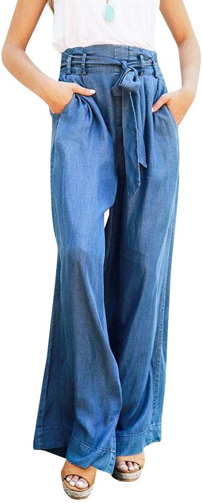 Klousilover Womens High Waist Belted Palazzo Pant Wide Leg Casual Loose Denim Pants