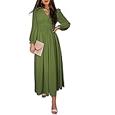 BLENCOT Womens Casual Long Sleeve Tiered V Neck Dress Pleat Ruched Ruffled Dress Solid Color Flowy Swing Midi Long Dresses