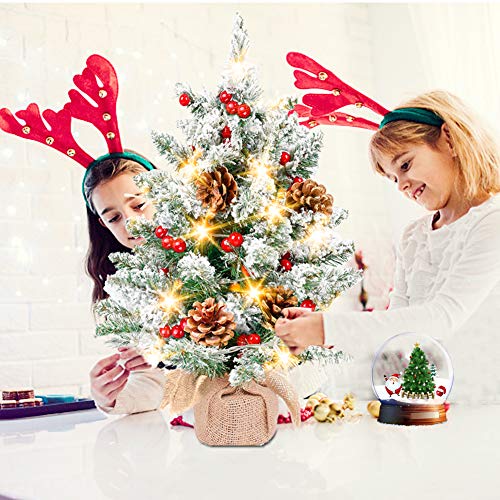 TURNMEON 24Inch Tabletop Christmas Tree with 50 Lights, Snow Flocked Prelit Mini Small