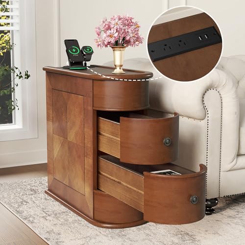 Narrow End Table with Charging Station, Wood Side Table with Drawers for Small Spaces, Long Nightstand with Storage, Slim Bedside Cabinet for Living Room/Bedroom/Corner, Fully Assembled, Walnut