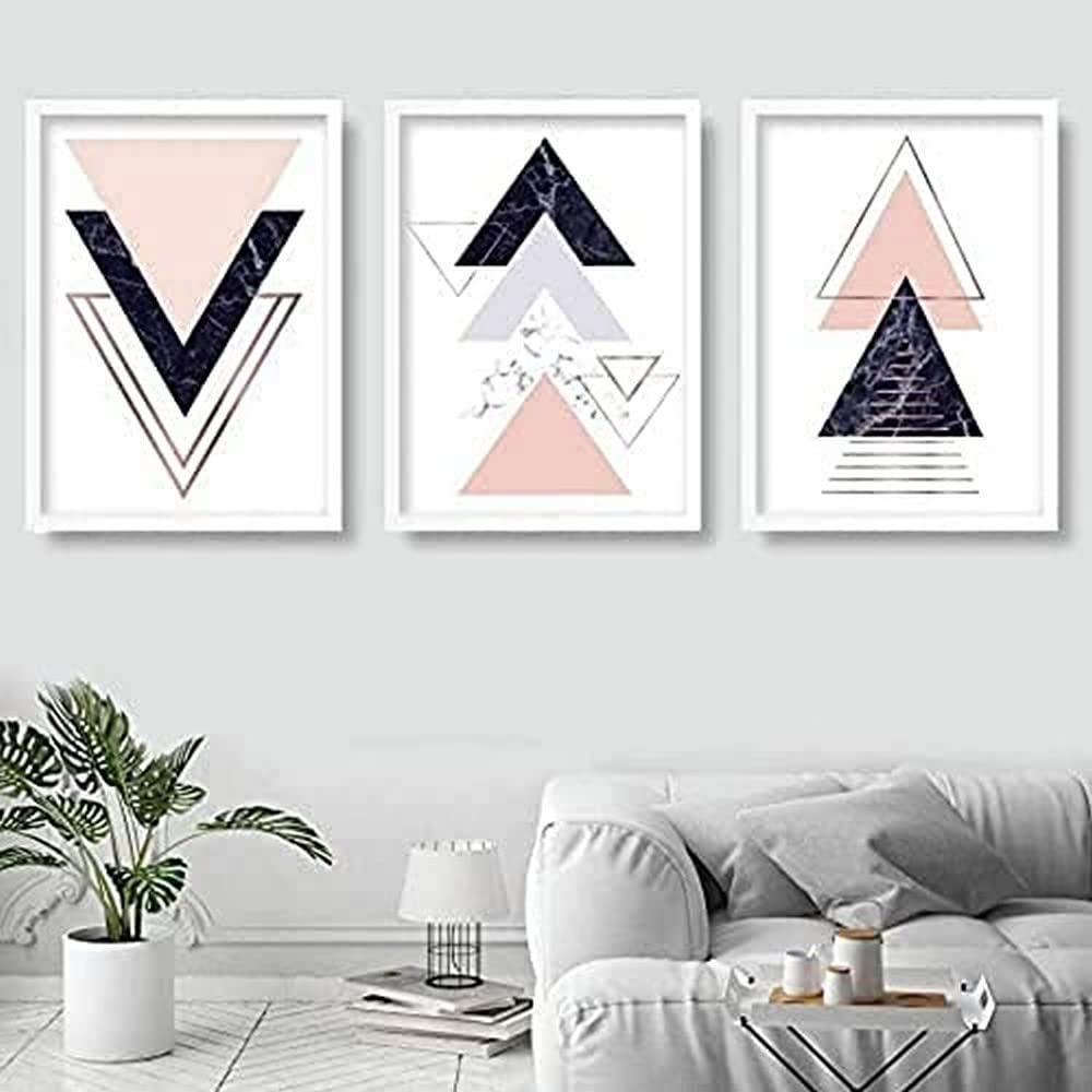 Artze Wall Art Geometric Abstract Triangles Pattern Art Prints 3-Piece Set, 30 cm Width x 40 cm Height, Navy/Blush Pink