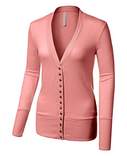 Mixed Knit V-Neck Brass Snap Button Sweater Cardigans dusty Rose Large