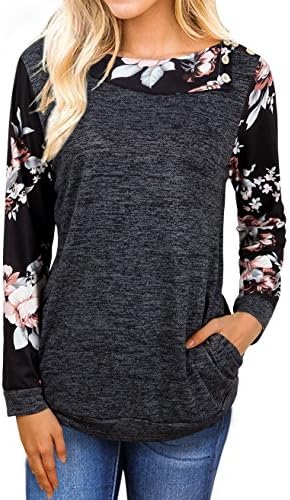 Faddare Women's Comfy Raglan Floral Print Long Sleeve Blouse Tops with Pocket