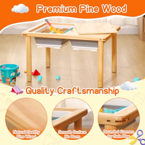 FUNLIO Wooden Sensory Table with 2 Bins for Toddlers 1-5, 3-Level Height Adjustable Kids Play Sand and Water Table, Anti-Warping Plywood Lid, Indoor/Outdoor Use, CPC Certified