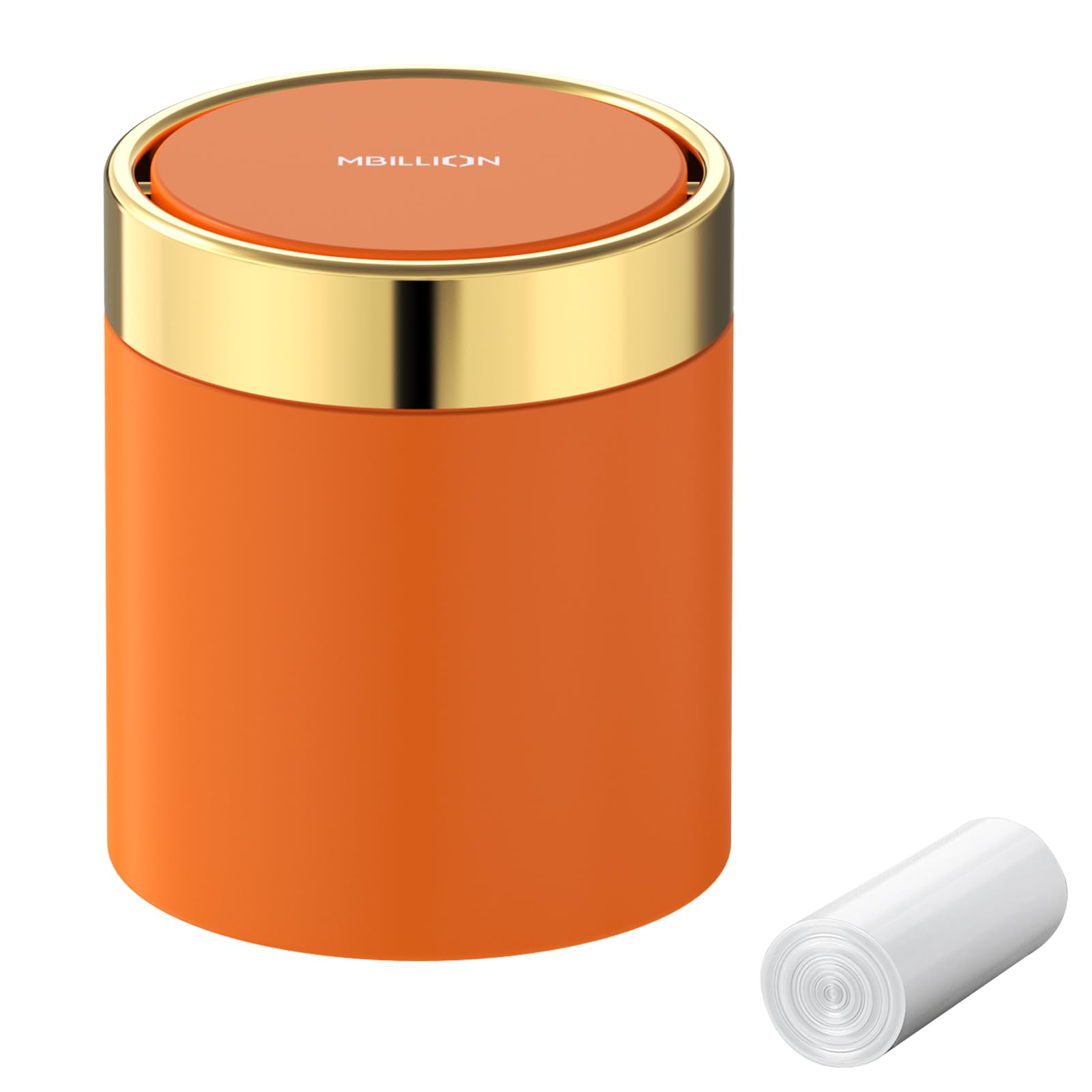 Mbillion 1.5L Mini Bin with Lid, Tea Bag Bin Desktop Small Trash Can Recycling Cute Metal Garbage for Tabletop Countertop Use, 0.4Gal Waste Can Parlor Car Bedroom,Swing Lid Open（Orange）