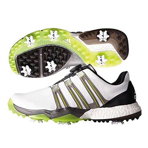 adidas Golf Men's Powerband Boa Boost WD Shoes, Ftwr White/Iron Met./Solar Slime, 11 Wide US