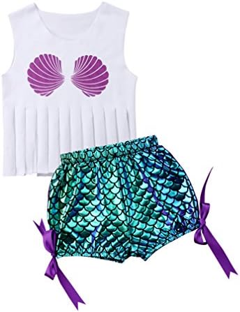 Newborn Baby Boy Girl Summer Clothes Sleeveless Tassel Tank Top T Shirt Vest + Mermaid Fish Scale Shorts Pants Outfits Sets Clothing (18-24M)