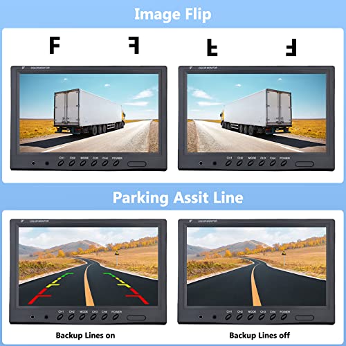 Vehicle Reversing Camera - Camecho 9"/9 Inch Monitor 4 Split Front View, Rear View Camera Truck 18 IR Waterproof Night Vision with 0.6 x 10.1 m and 0.6 x 19.8 m Cables for RV, Trailer, Bus