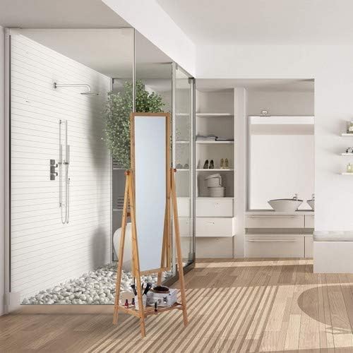 Relaxdays Bamboo Free-Standing Mirror, Swivel-Mounted, Bedroom Mirror with Drawer, HWD: 160x40x36 cm, Natural - Image 4