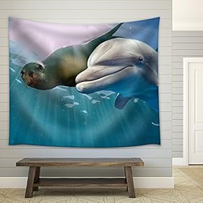 Dolphin and Sea Lion Underwater on Ocean Background Looking at You - Fabric Wall Tapestry Home Decor - 51x60 inches