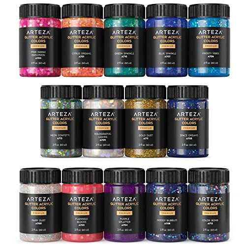 ARTEZA Glitter Acrylic Paint, 14 Iridescent Colors, 2 fl oz Bottles