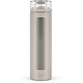 Ello Syndicate 20oz Reusable Glass Water Bottle with One-Touch Leak Proof Flip Lid, Protective Non-Slip Silicone Sleeve, Carry Loop for Coffee, Tea and Water, BPA-free, Dishwasher Safe, Sand