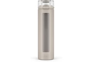 Ello Syndicate 20oz Reusable Glass Water Bottle with One-Touch Leak Proof Flip Lid, Protective Non-Slip Silicone Sleeve, Carry Loop for Coffee, Tea and Water, BPA-free, Dishwasher Safe, Sand