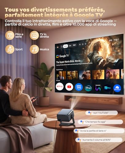 4K Projector, Google TV, 1200 ANSI, 360° Rotation, 30W HiFi】HDR10 Auto Focus and 6D Keystone Projector, WiFi Bluetooth, Portable Voice Control Projector, Ceiling Projector and Home Cinema