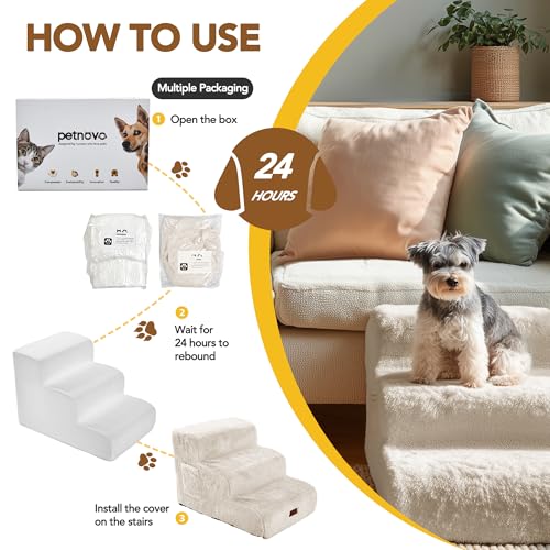 PETNOVO Escalera para Perros de 3 Peldaños para Sofá y Cama, Escalones para Perros Pequeños y Mayores con Felpa Ultrasuave, Base Antideslizante y Funda Lavable, Certificación Oeko-Tex, Beige Crema