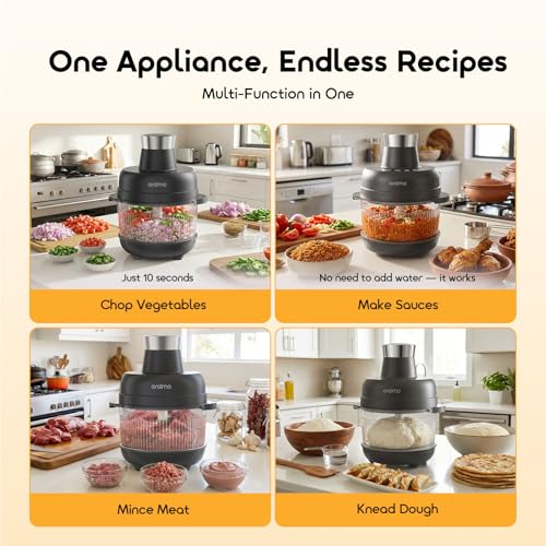 Oraimo Glass Chopper & Mincer,One-Touch Programs,600W Meat Mincer with 4 Removable Blade,Mixing dough sticks,5L Large Capacity,Blender Food Chopper for Meat,Vegetable, Fruits,Ice Crushing,Dough, Sauce