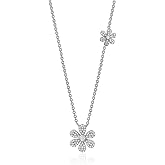 Massete Sterling Silver Necklace Pendant 6 Petal Flowers with Simulated Diamonds 17.5"