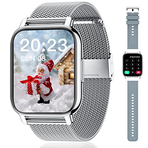 Popglory Smartwatch Men Women 2 Straps Watch Calls and Whatsapp Pedometer Voice Assistant 24H Digital Watch Heart Rate Monitor Blood Pressure SpO2 Sleep for Android iOS