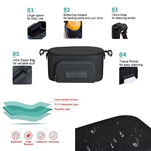 Large Buggy Pram Bag with 2 Cup Holders and Tissue Pocket, Pushchair Stroller Organiser for Mom Travel, Plus 2 Pram Hooks &1 Shoulder Strap