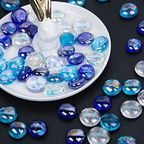 JOHOUSE 120PCS Flat Glass Marbles, Iridescent Glass Beads Dazzling Glass Pebbles Blue Mixed Aqarium Gems for Vase Filler Home Decor DIY Craft