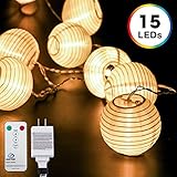Lantern String Lights with Remote Controller 10 Feet 15 LEDs, DecorNova 8 Modes Novelty Style Paper Fairy Lights with UL 3V Power Adapter, Warm White