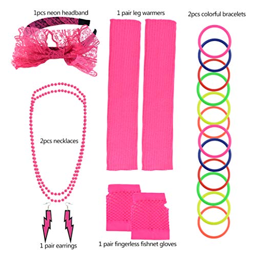 Yolyoo 80s Women's Costume Accessories Set Headband Earrings Fishnet Gloves Leg Warmers Necklace Bracelet for Women 80s Party Rose Red - Thumbnail 3