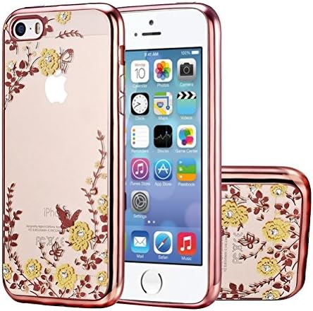 iPhone SE Case, Naoho® New Fashion Soft TPU Plating Frame Secret Garden with Diamond Case for iPhone SE/5/5S Phone Back Cover Silicon Gel Flower Ultra Thin Case (Rose Gold color Yellow Flower)