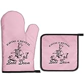 Gkodw Having a Mental Bake Down Pink Oven Mitts and Pot Holders Sets, Funny Skeleton Halloween Oven Mitt for Women Chef, Cookie Baker Gifts, Christmas Baking Gifts for Mom Housewives Hostess
