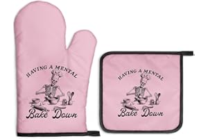 Gkodw Having a Mental Bake Down Pink Oven Mitts and Pot Holders Sets, Funny Skeleton Halloween Oven Mitt for Women Chef, Cook