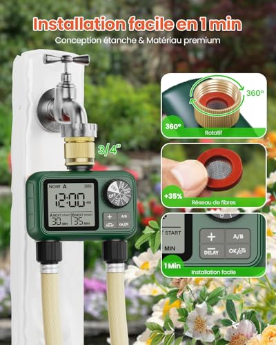 2 Way Water Timer with Brass Inlet, Large LCD Display, Automatic Watering for Garden, Programmable Irrigation, Simple Use, Rain Delay Manual Watering for Lawn