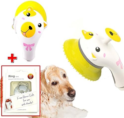 Pet Perfect Wash, Massage, Grooming Handheld Shower head Brush for Shiny Fur and Skin, Thank you Gift included (Yellow Puppy)
