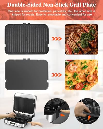 Dxmocos 5 in 1 Indoor Grill, Electric Contact Grill and Griddle, Panini Press Grill Sandwich Maker with Meat Thermometer, LCD Display, Stainless Steel, Healthy Ceramic Nonstick, 2000W