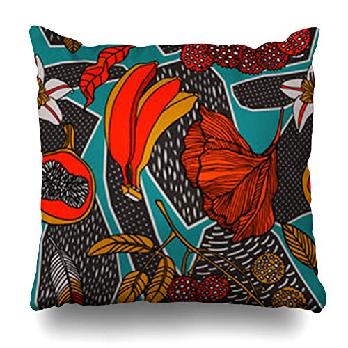 Hitime Throw Pillow Cover Scribble Beach Cheerful Tropical Leaves Palm Trees Flowers Fruits On Geometric Artistic Artwork Decorative Pillowcase Square Size 18 x 18 Inches Home Cushion Cases
