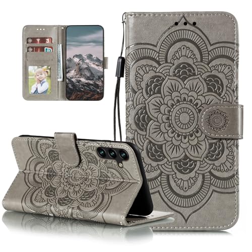 EYZUTAK Mandala Case for Samsung Galaxy A35 5G, Premium PU Leather Flip Wallet Card Slots Magnetic Stand Protective Mobile Phone Case Ultra Slim Case with Lanyard, Embossing Flip Case – Grey